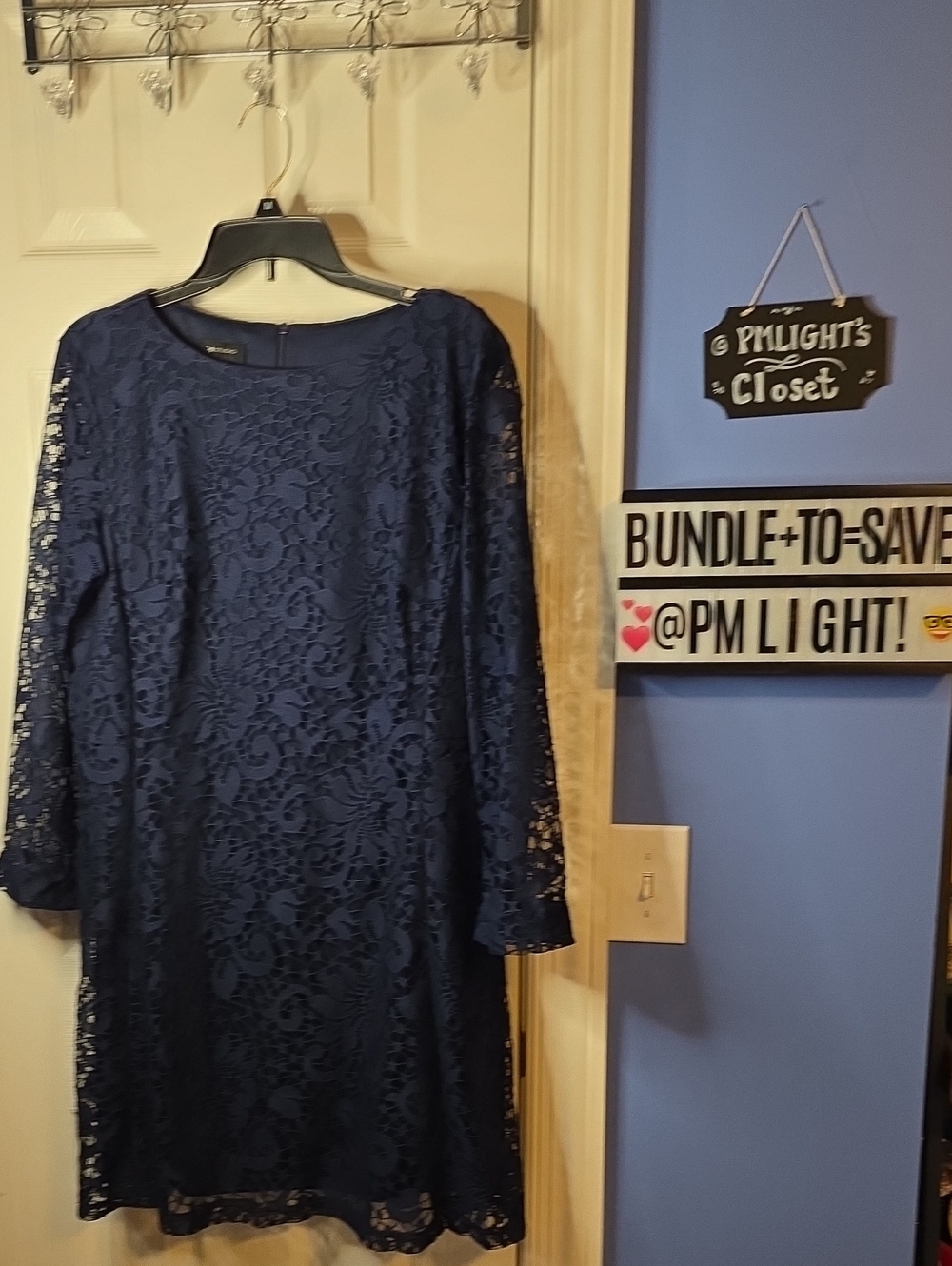 AB Studio Navy Lace Long-Sleeve Shift Dress 16
